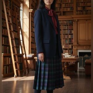 Pendleton Navy and Green Plaid A-Line Skirt Jacket Set Vintage 70’s 80’s